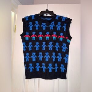 Vintage 80s 90s Novelty Black Knit Sleeveless Sweater Vest Teddy Bear Pattern